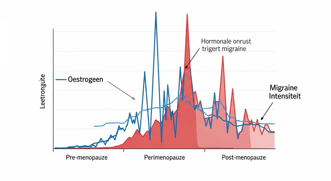 Een lijngrafiek die de relatie tussen oestrogeenniveaus en migraine-intensiteit toont tijdens de pre-menopauze, perimenopauze en post-menopauze. In de perimenopauze veroorzaken sterk schommelende oestrogeenspiegels een piek in migraine, die afneemt in de post-menopauze wanneer de oestrogeenspiegels laag en stabiel worden.