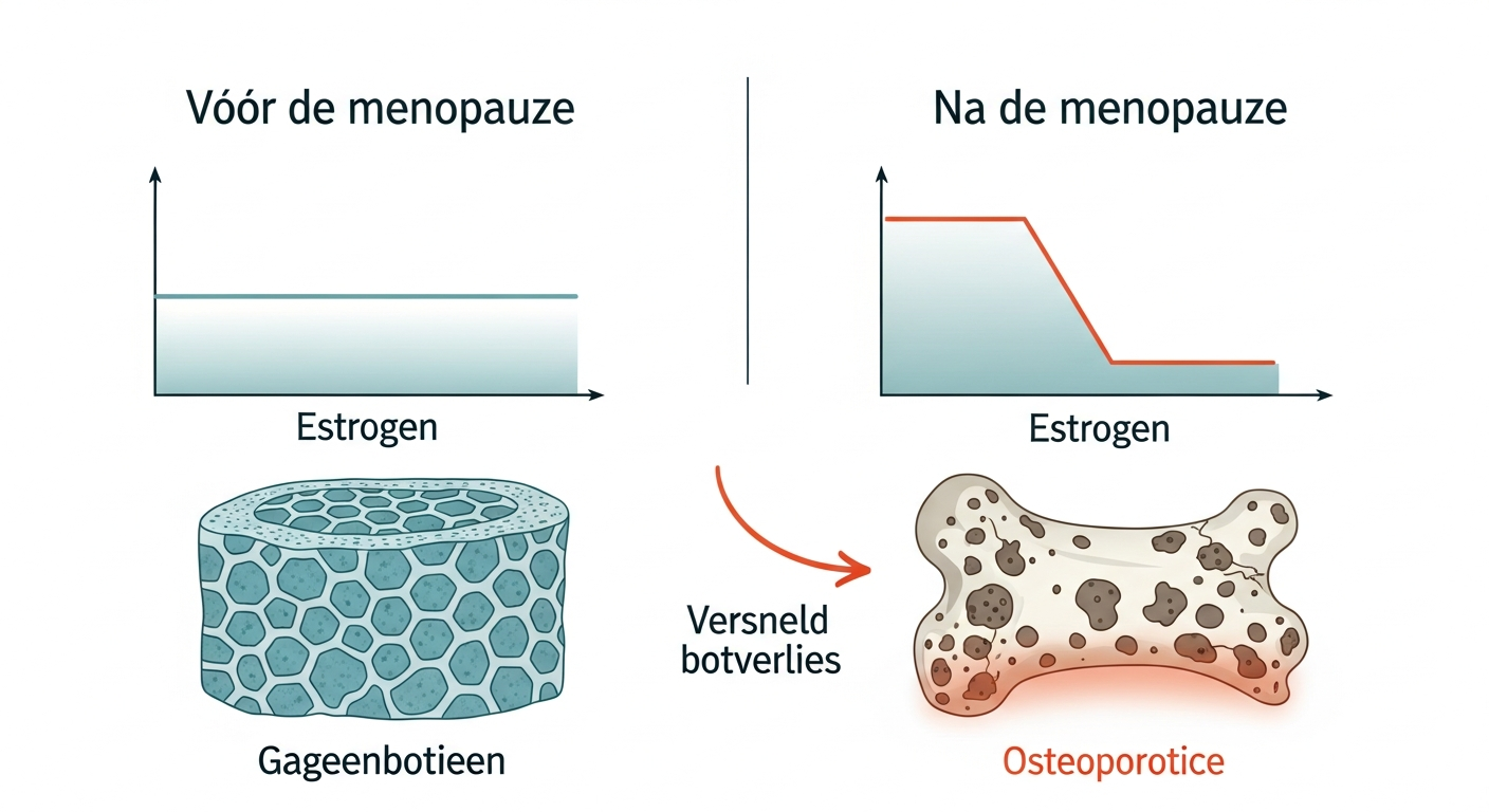 Diagram dat de impact van de menopauze op botdichtheid toont. Links wordt de situatie vóór de menopauze getoond met hoge oestrogeenspiegels en een dichte botstructuur. Rechts wordt de situatie na de menopauze getoond met lage oestrogeenspiegels en een poreuze, verzwakte botstructuur, wat leidt tot osteoporose.