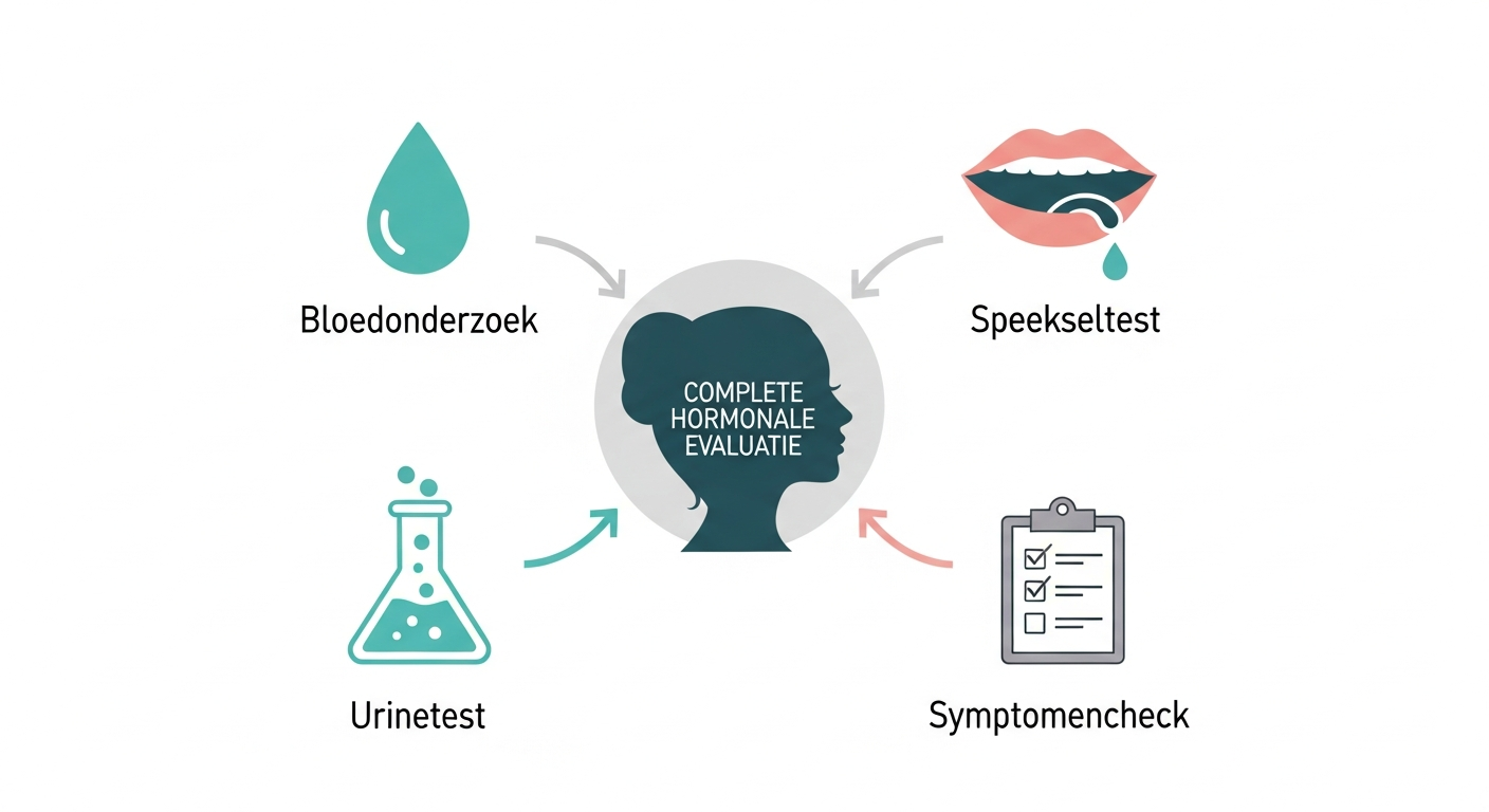 Infographic showing the four components of a complete hormonal evaluation for menopause: a blood test, saliva test, urine test, and a symptom check, all contributing to a comprehensive diagnosis.