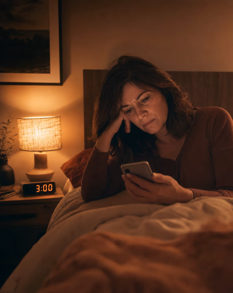 Vrouw die wakker ligt en naar het plafond staart
