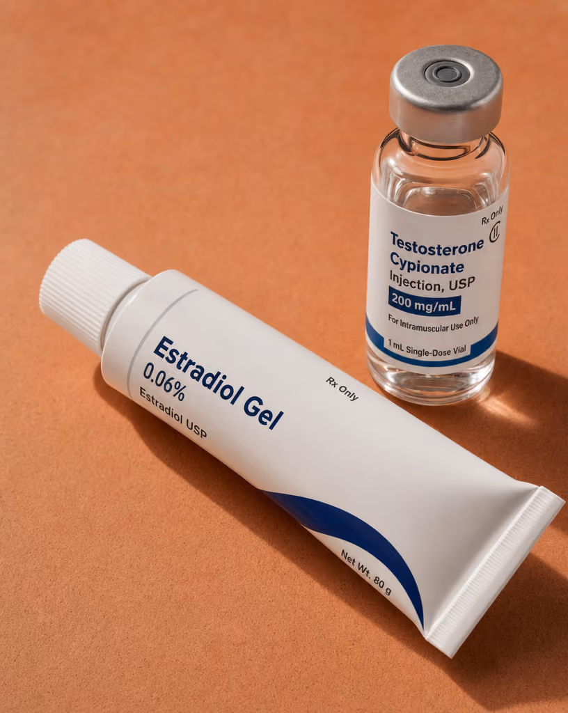 Bio-identieke hormoongel en flesje, zoals gebruikt bij hormoontherapie