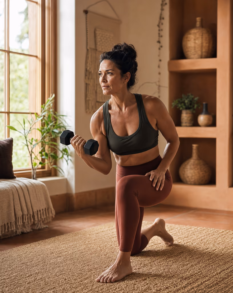 Vrouw die thuis krachttraining doet met een halter