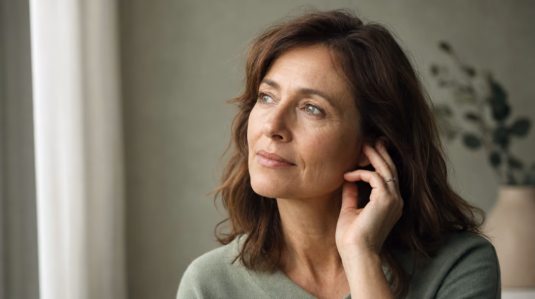Vrouw raakt nadenkend het gebied bij haar oor aan