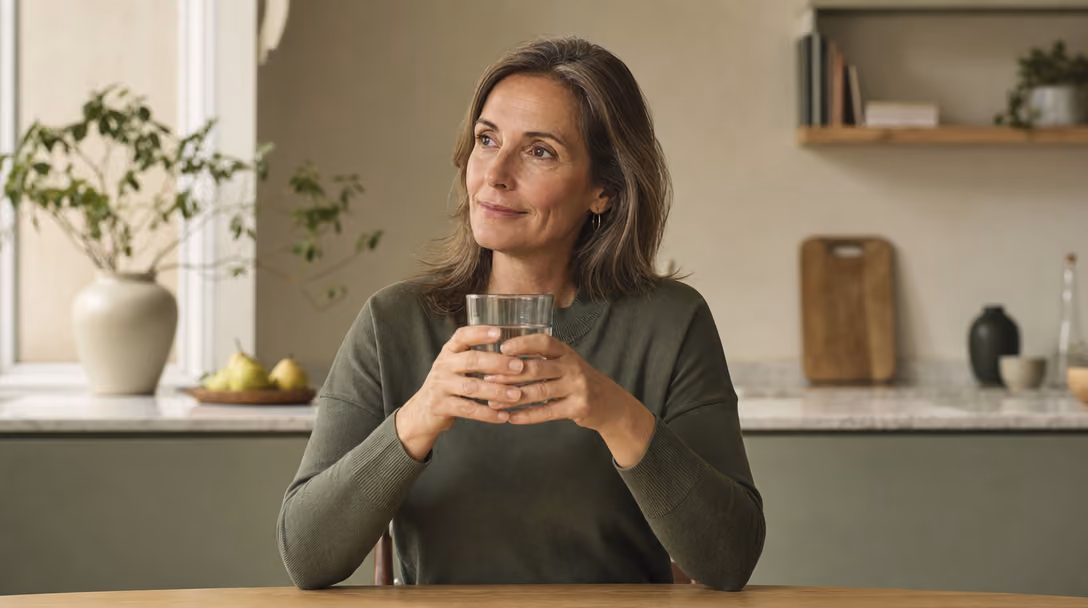 Vrouw zit aan tafel met een glas water in beide handen