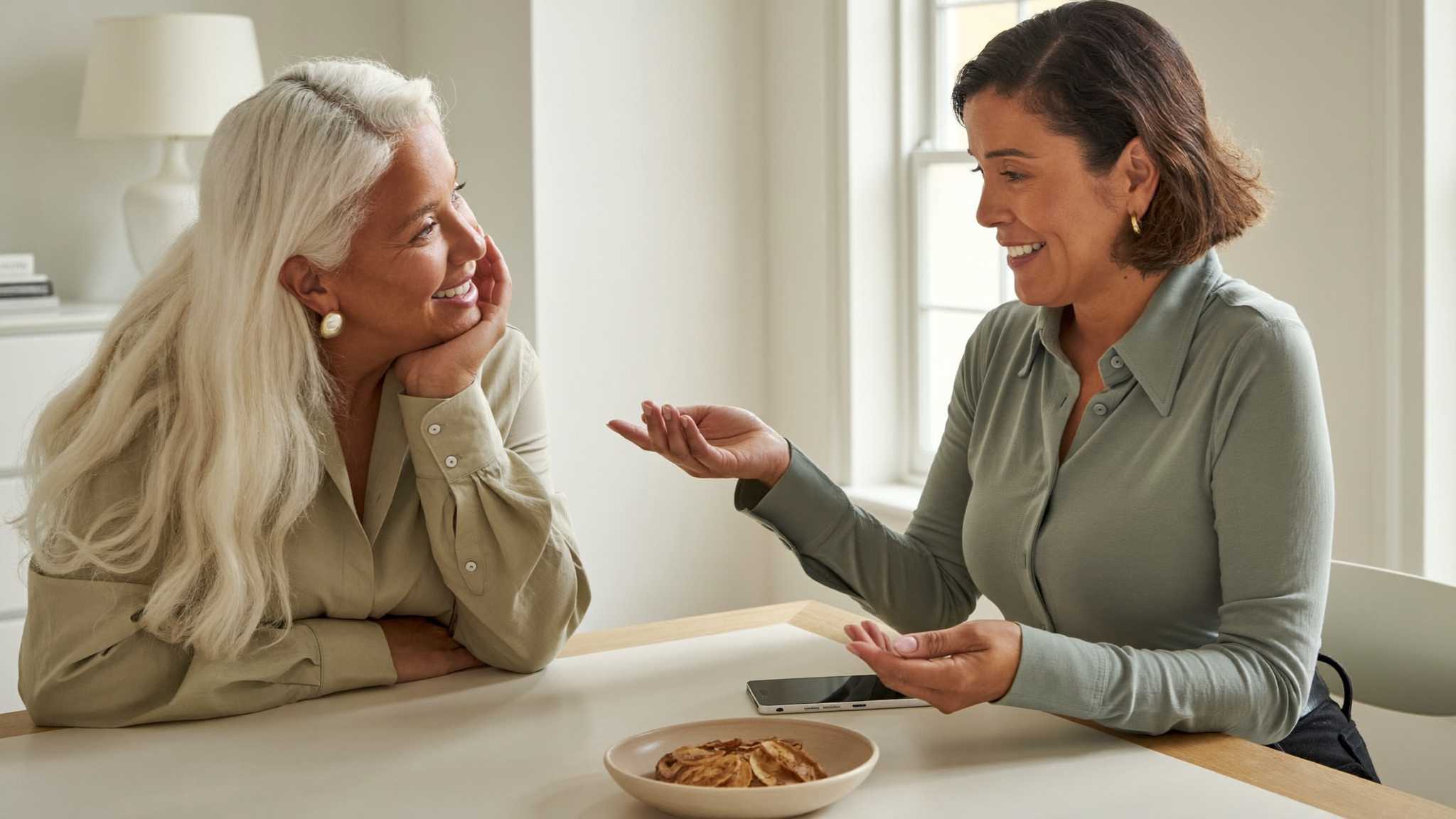 Twee vrouwen in een warm gesprek over de overgang