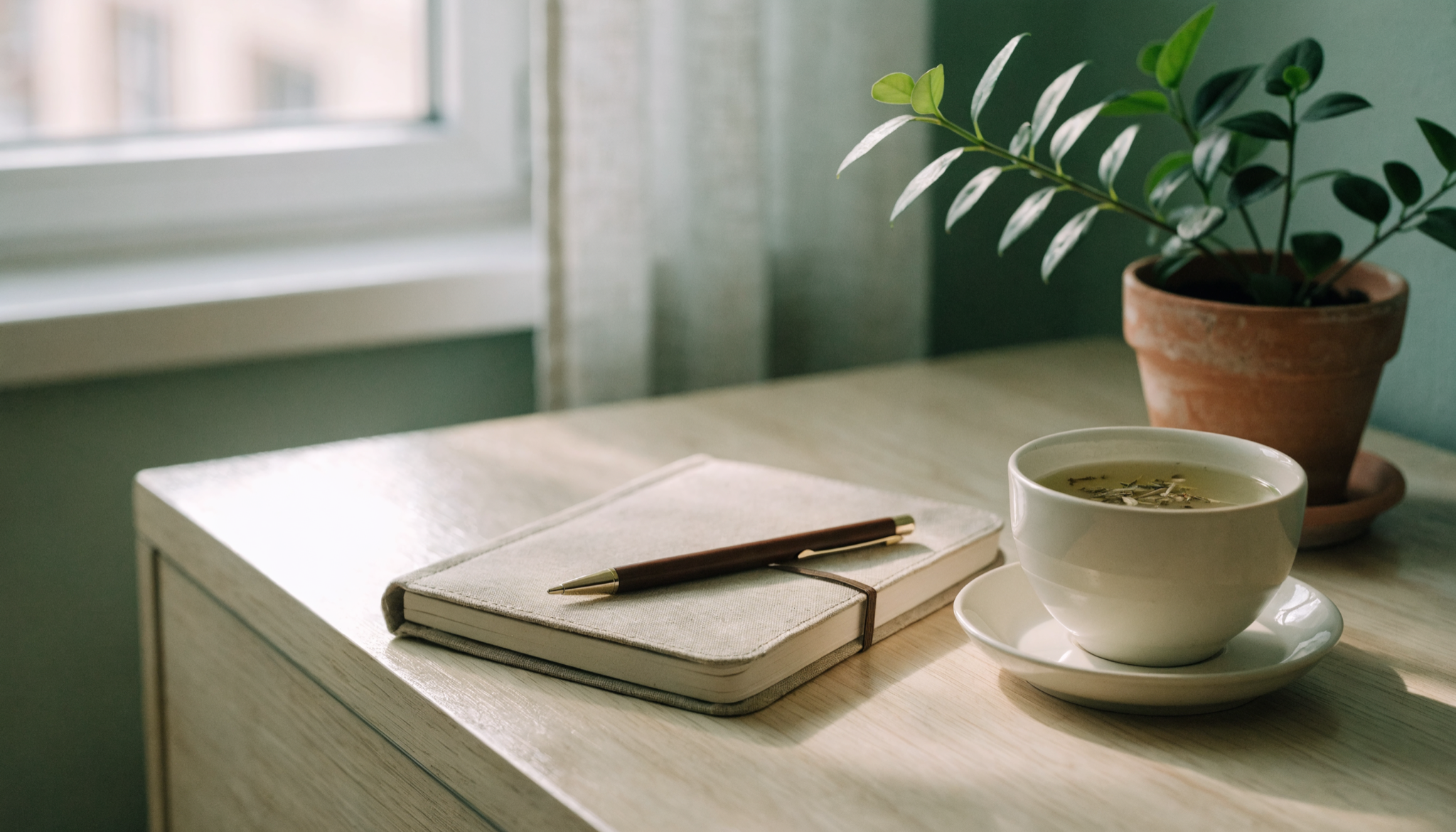 Rustig bureau bij het raam met notitieboek, kruidenthee en een plant