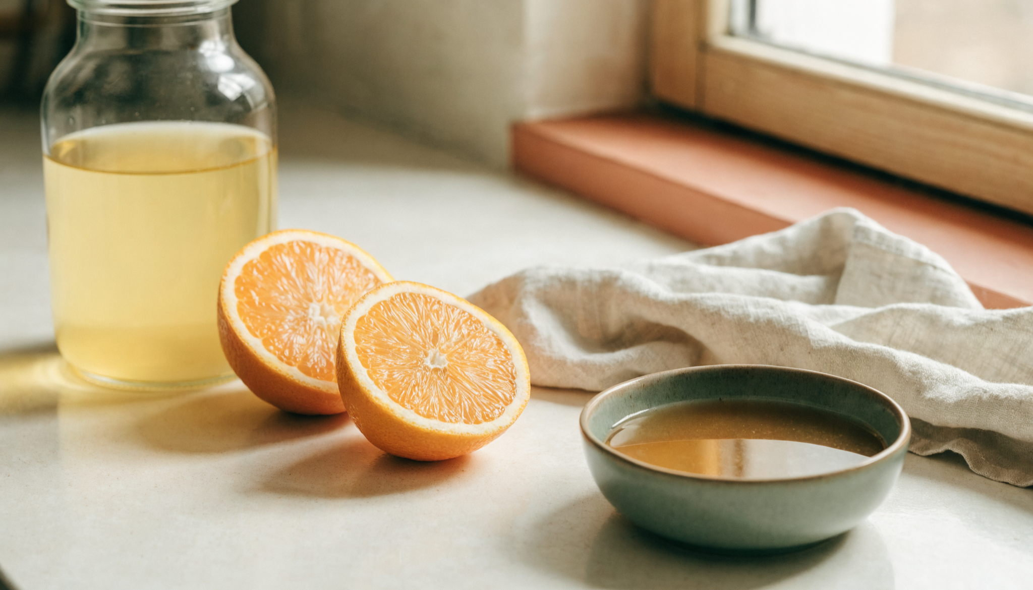 Still-life met citrusfruit, bouillon en een glazen pot bij het raam