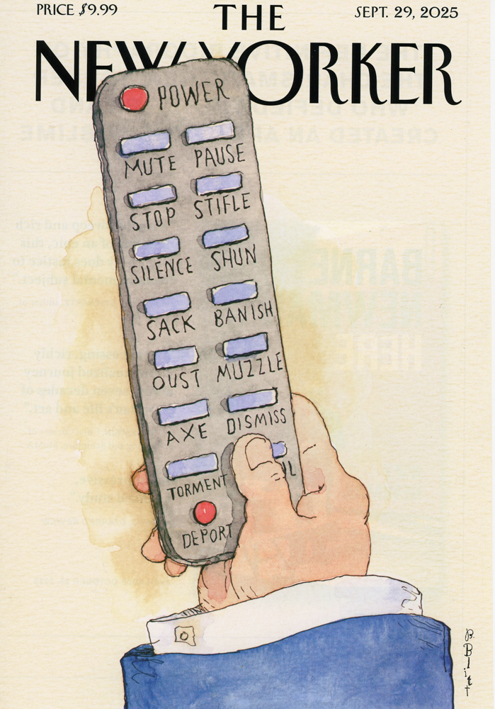 One of the covers on view, created by Canadian artist Barry Blitt. It corresponds to the September 29, 2025 issue.
