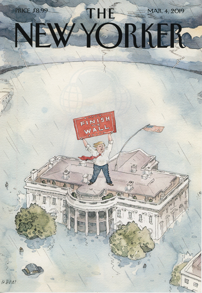 One of the covers on view, created by Canadian artist Barry Blitt. It corresponds to the March 4, 2019 issue.