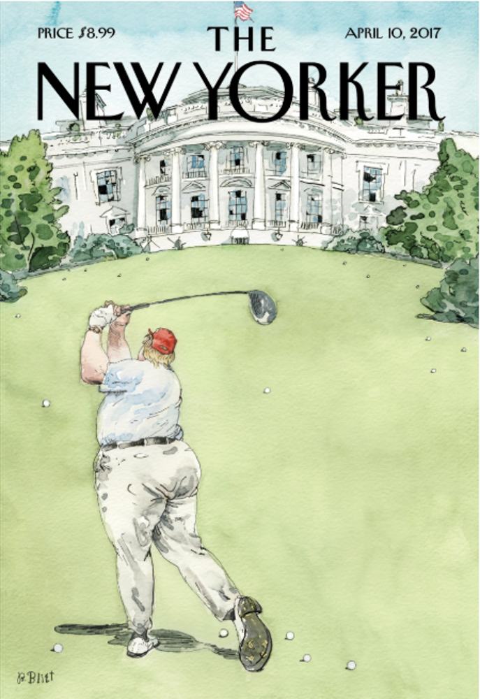 One of the covers on view, created by Canadian artist Barry Blitt. It corresponds to the April 10, 2017 issue.