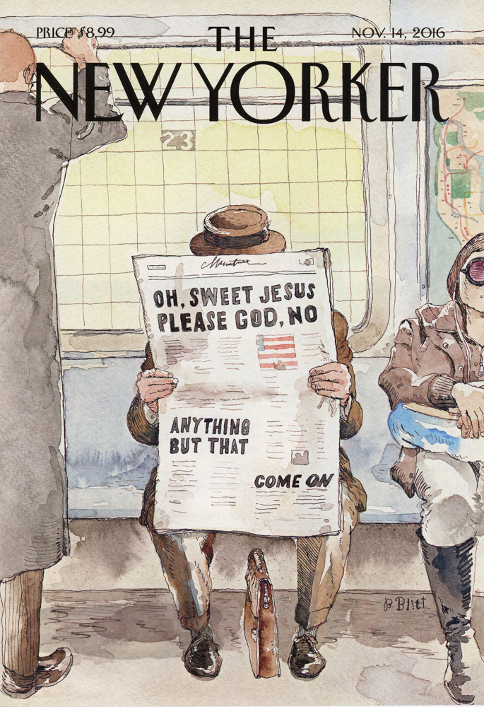 One of the covers on view, created by Canadian artist Barry Blitt. It corresponds to the November 14, 2016 issue.