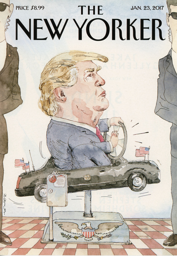 One of the covers on view, created by Canadian artist Barry Blitt. It corresponds to the January 23, 2017 issue.