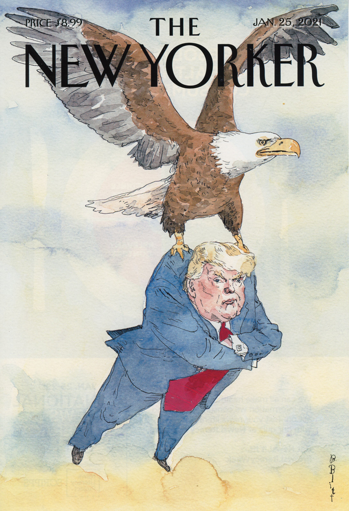 One of the covers on view, created by Canadian artist Barry Blitt. It corresponds to the January 25, 2021 issue.