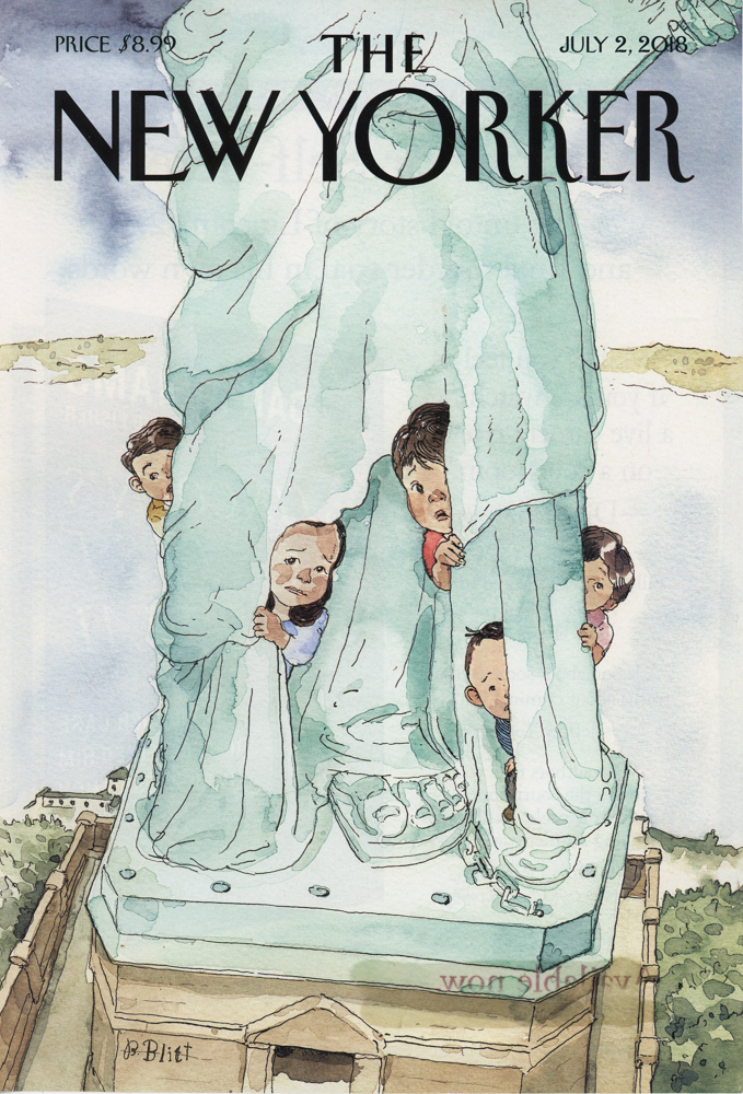 One of the covers on view, created by Canadian artist Barry Blitt. It corresponds to the July 2, 2018 issue.