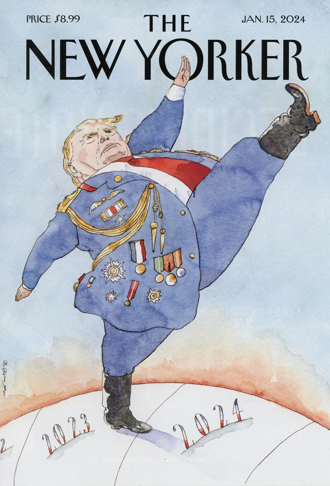 One of the covers on view, created by Canadian artist Barry Blitt. It corresponds to the January 15, 2024 issue.