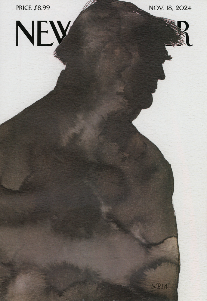 One of the covers on view, created by Canadian artist Barry Blitt. It corresponds to the November 18, 2024 issue.