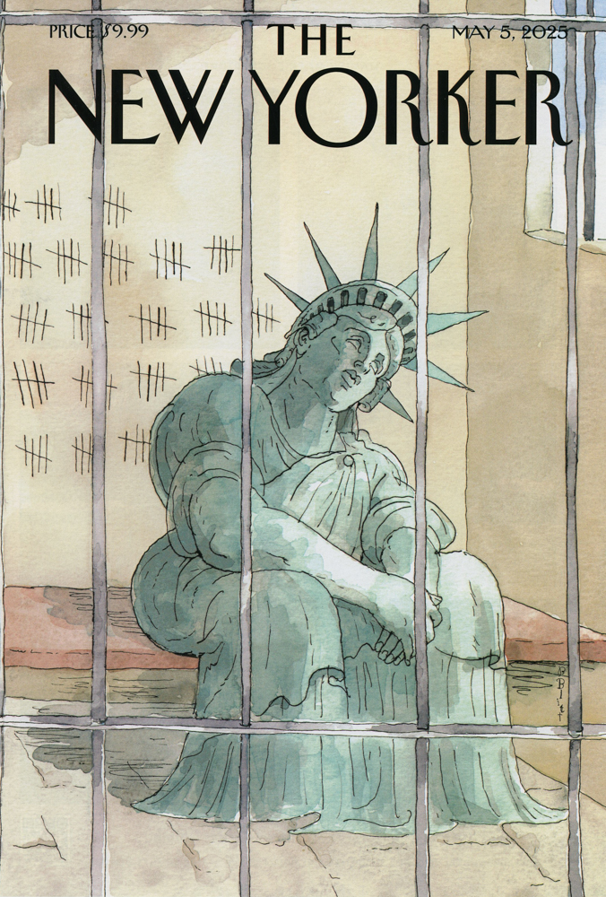 One of the covers on view, created by Canadian artist Barry Blitt. It corresponds to the May 5, 2025 issue.