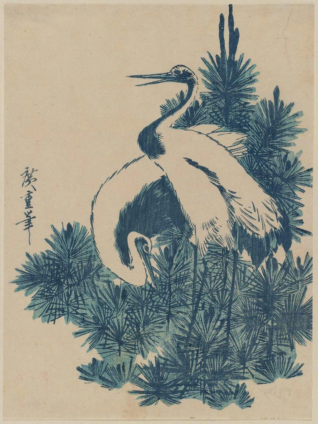 g\_04: Utagawa Hiroshige (1797–1858), Cranes and Pine Shoots, 1830s, woodblock print (aizuri-e), ink and color on paper, 35.4 × 16.3 cm, Museum of Fine Arts, Boston.