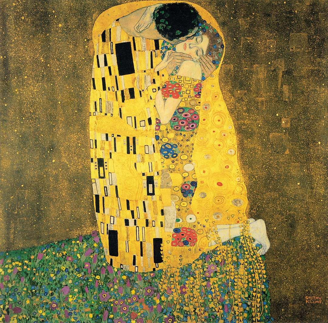 Gustav Klimt (1862–1918), The Kiss (Lovers) (Der Kuss / Liebespaar), 1908–1909 Oil, gold leaf, silver, and platinum on canvas | 180 × 180 cm Signed lower right “GUSTAV / KLIMT,” Belvedere, Vienna, inventory no. 912.