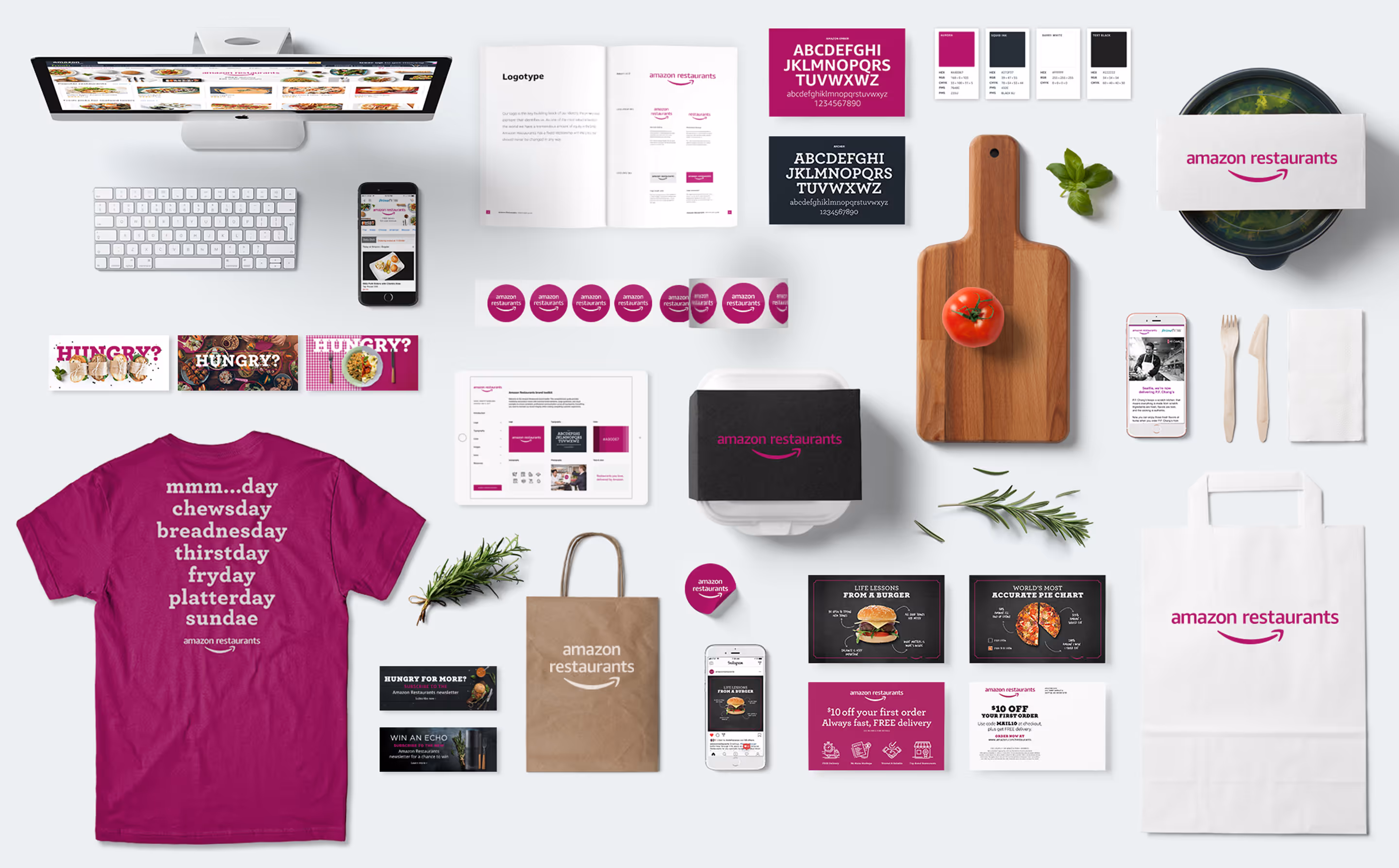 Amazon Restaurants brand identity system including website, guidelines, apparel, and marketing materials.