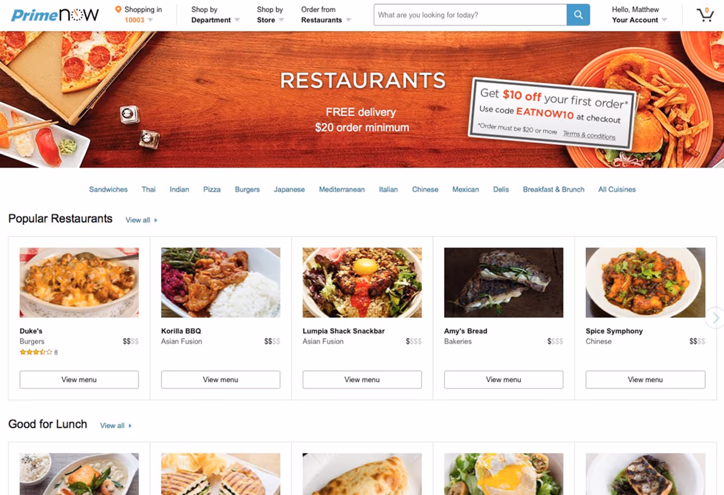 Prime Now restaurants page featuring popular restaurant cards with food photos and $10 off first order promotion.