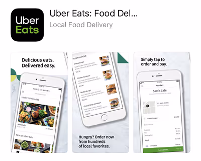 Uber Eats app interface showing food ordering process from restaurant browsing to checkout.