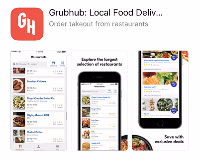 Grubhub app screenshots displaying restaurant selection, menu browsing, and exclusive deals features.