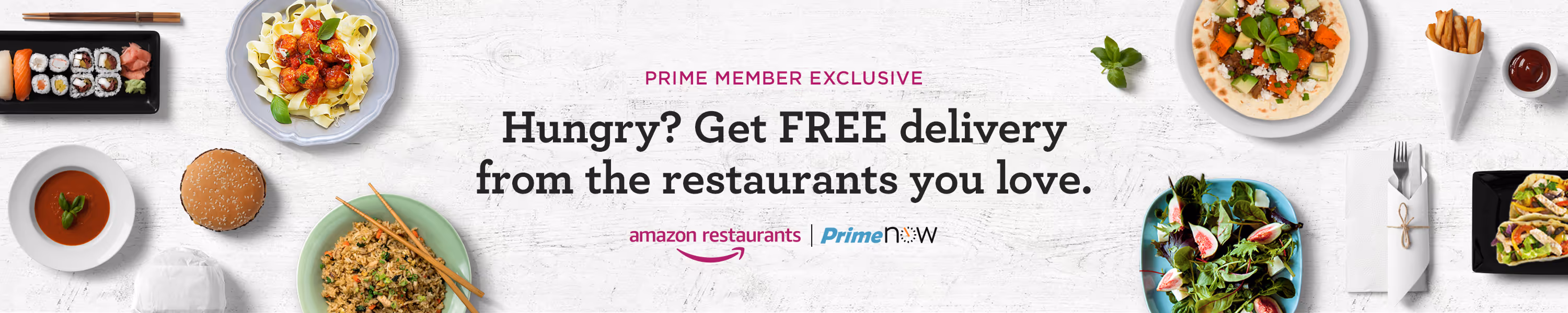 Prime member exclusive banner promoting free delivery from restaurants with various food dishes displayed.