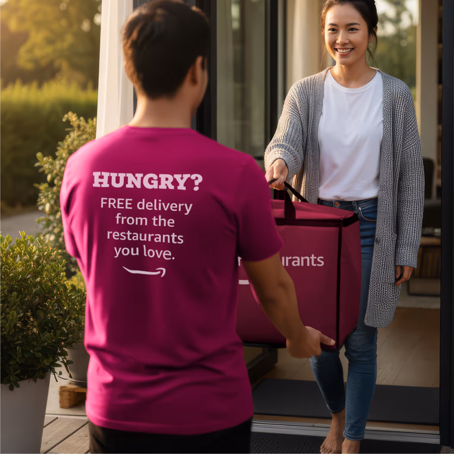 Delivery person holding insulated bag while customer receives order at home entrance.