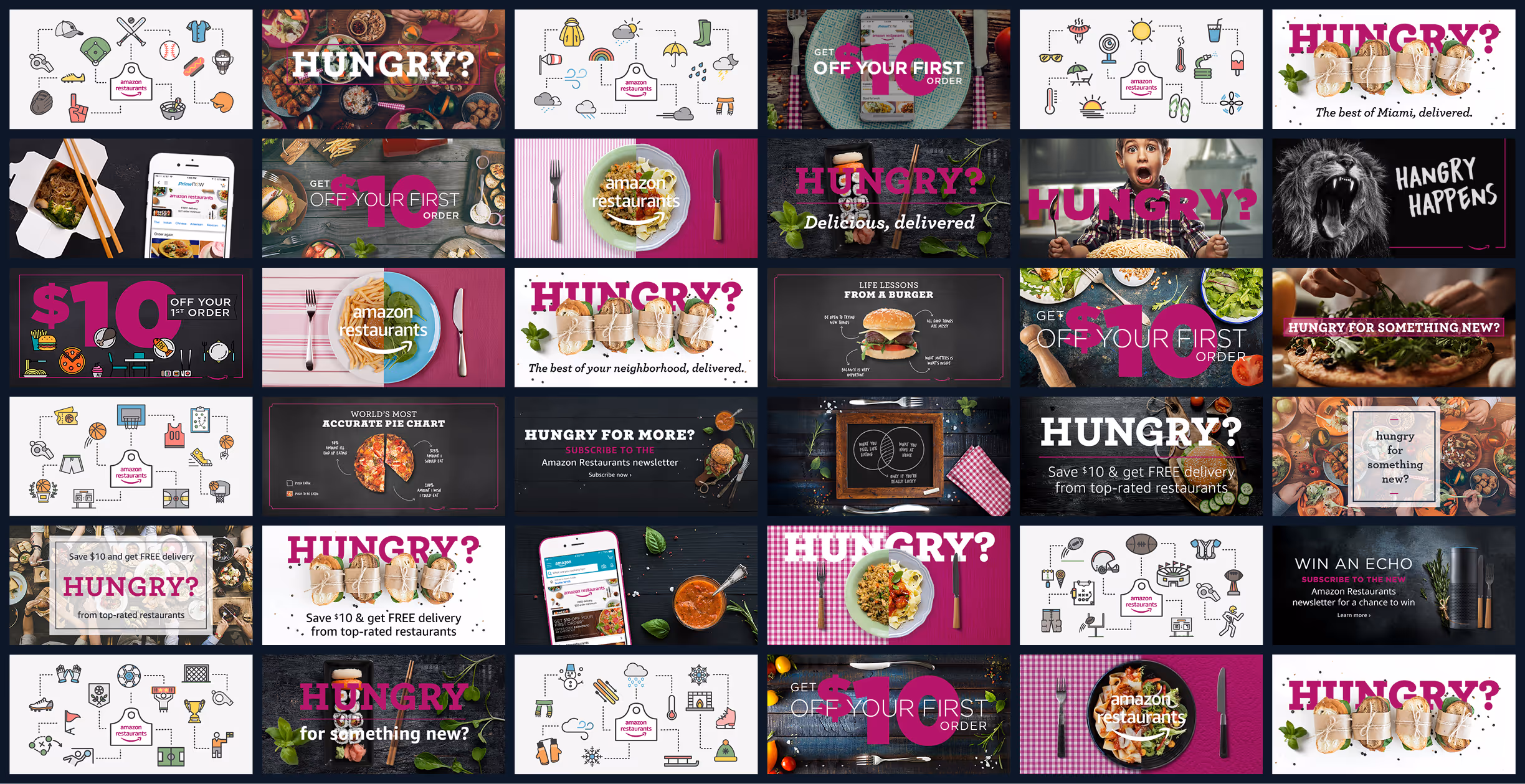 Grid of Amazon Restaurants marketing materials featuring promotional offers, food photography, and various hungry-themed campaign designs.