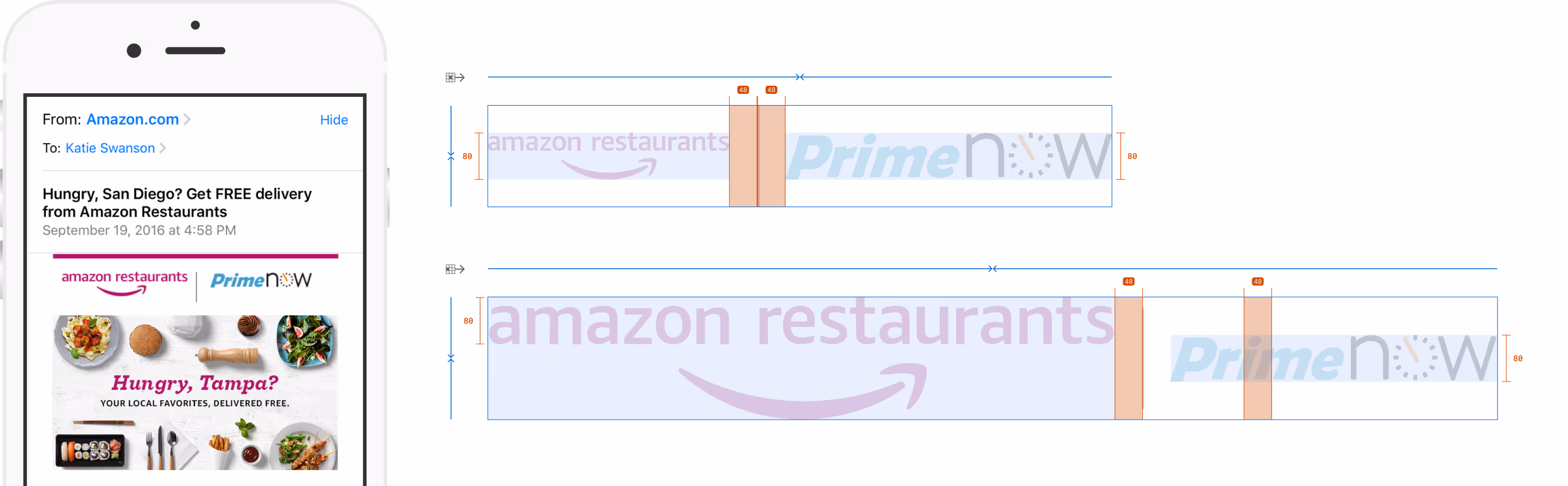 Mobile view of Amazon Restaurants on PrimeNow, alongside design mockups showing logo placement and spacing guidelines.