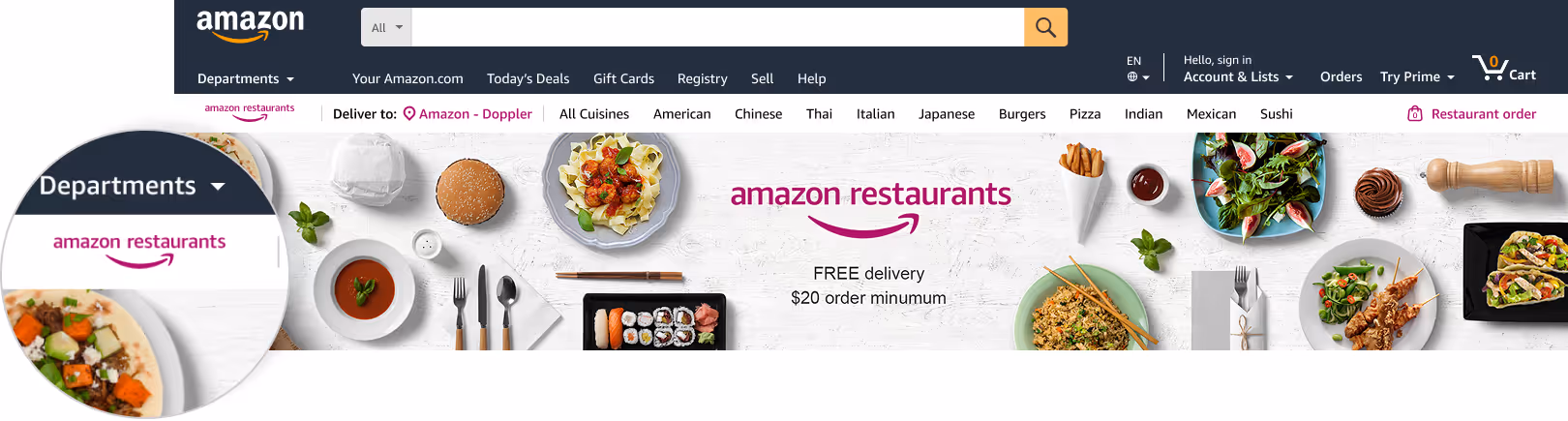 Amazon Restaurants homepage featuring various cuisine options and promotional banner offering free delivery with twenty dollar order minimum
