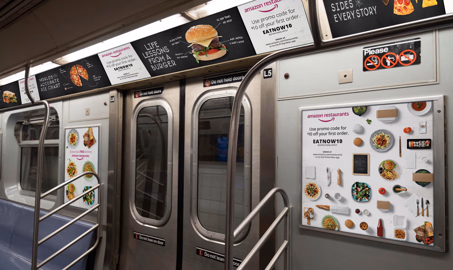 Subway car interior with Amazon Restaurants advertisements on walls and overhead panels.