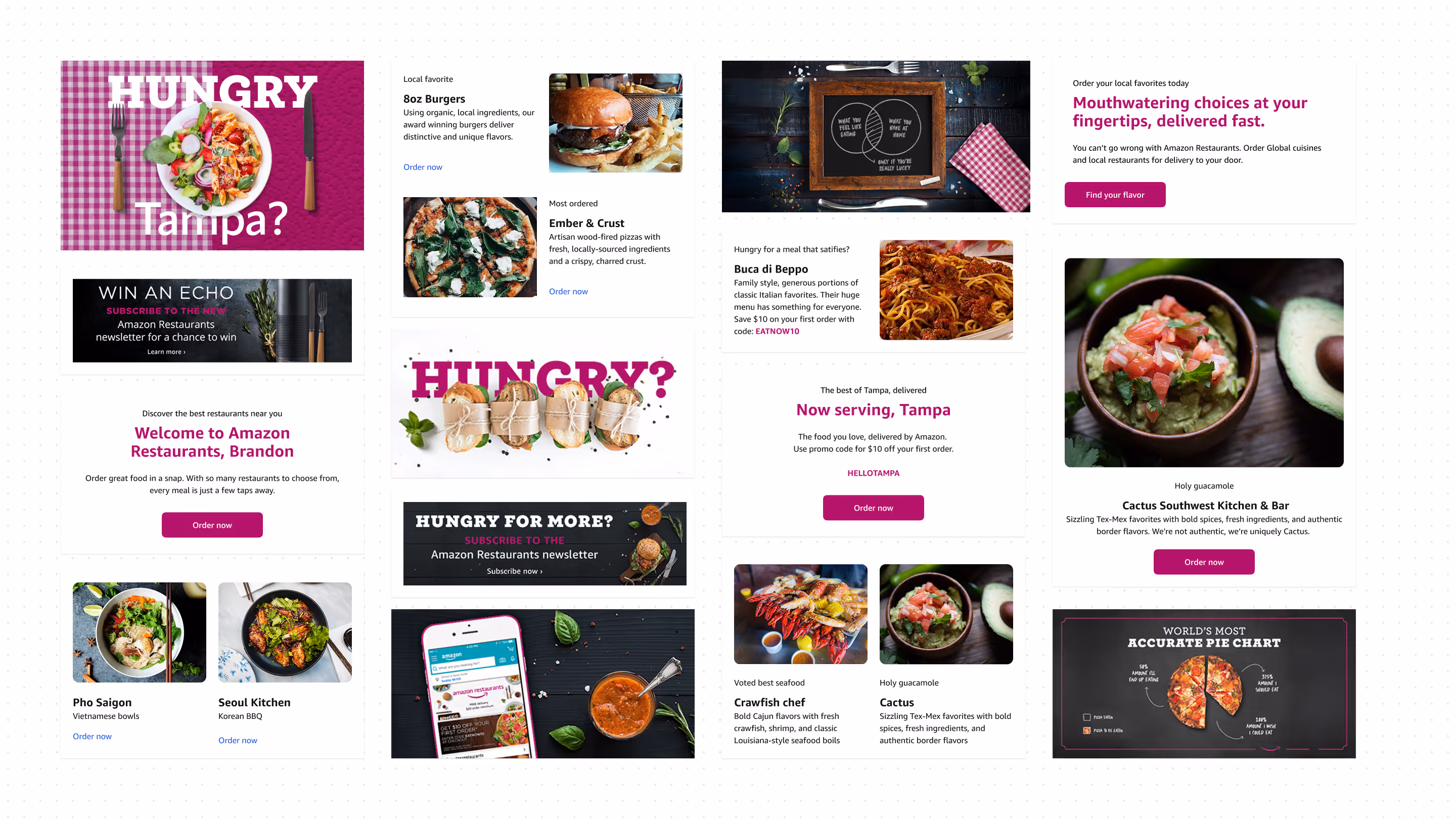 Amazon Restaurants promotional layout featuring restaurant options in Tampa and Brandon with food photography and call-to-action buttons.