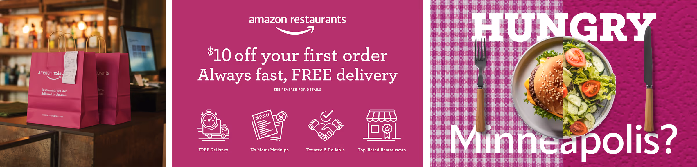 Amazon Restaurants promotional banner offering $10 off first order with free delivery in Minneapolis.