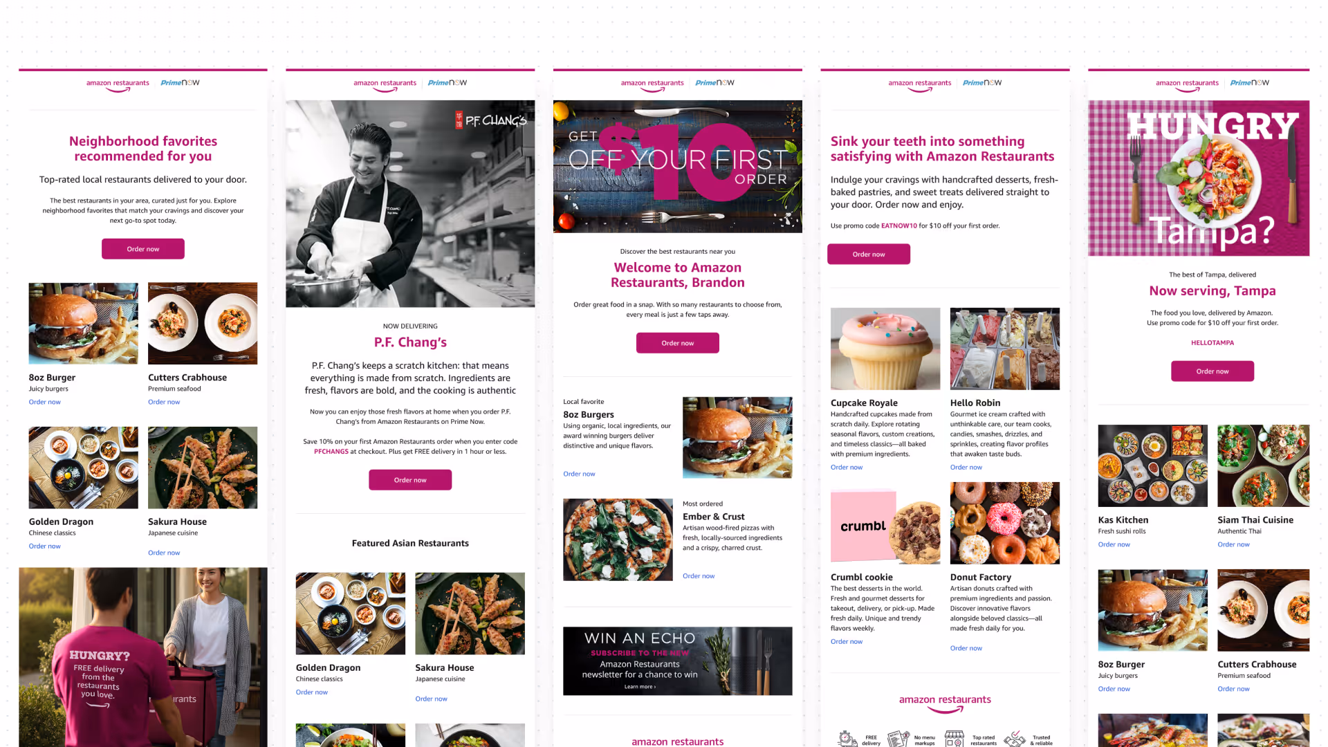 Amazon Restaurants promotional collage featuring neighborhood restaurant delivery options, special offers, and featured cuisines.