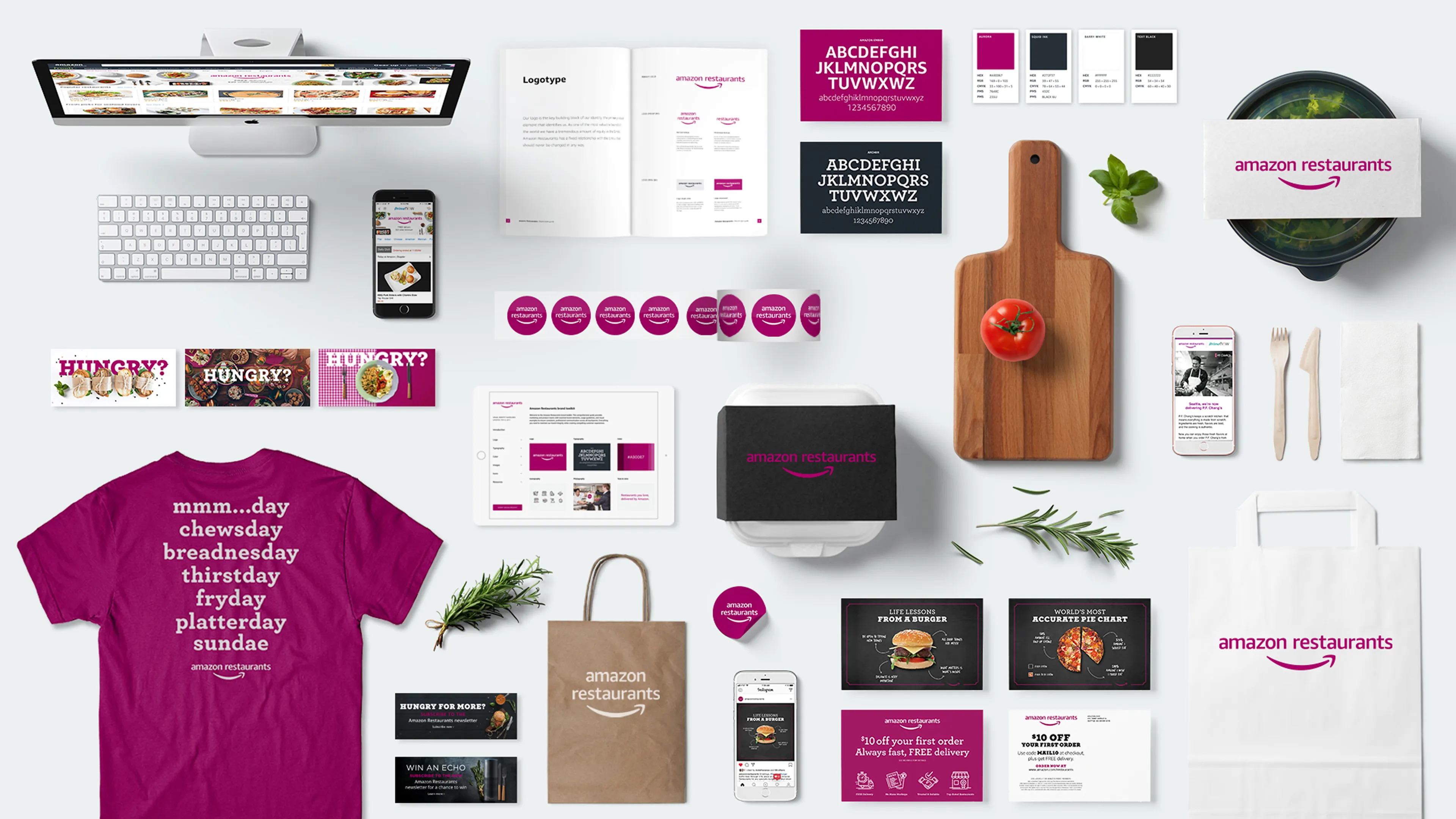 Amazon Restaurants brand identity system including website, guidelines, apparel, and marketing materials.