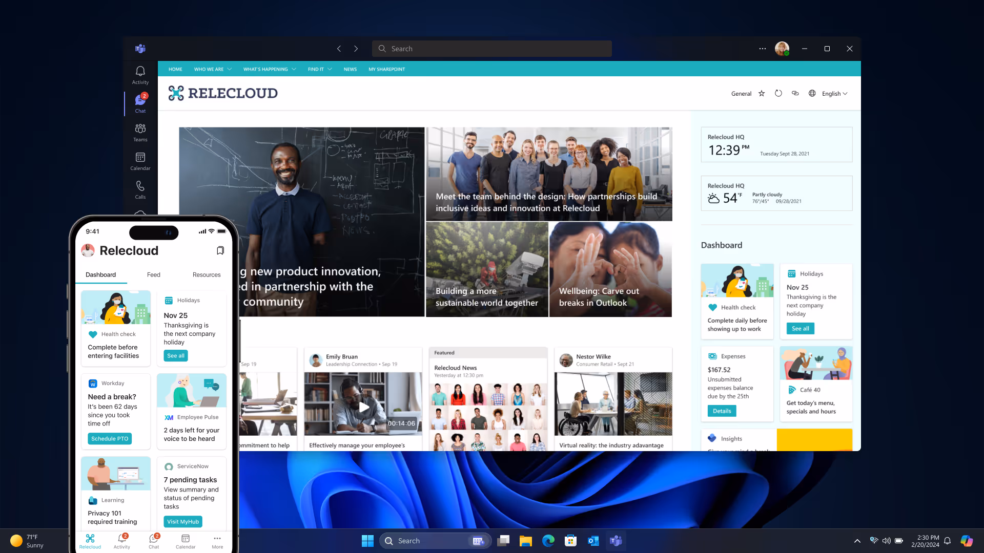 Relecloud company intranet dashboard displayed on desktop and mobile devices.