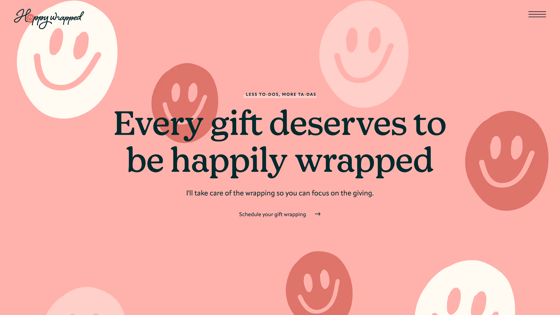 Happily Wrapped gift wrapping service landing page with cheerful smiley face pattern.