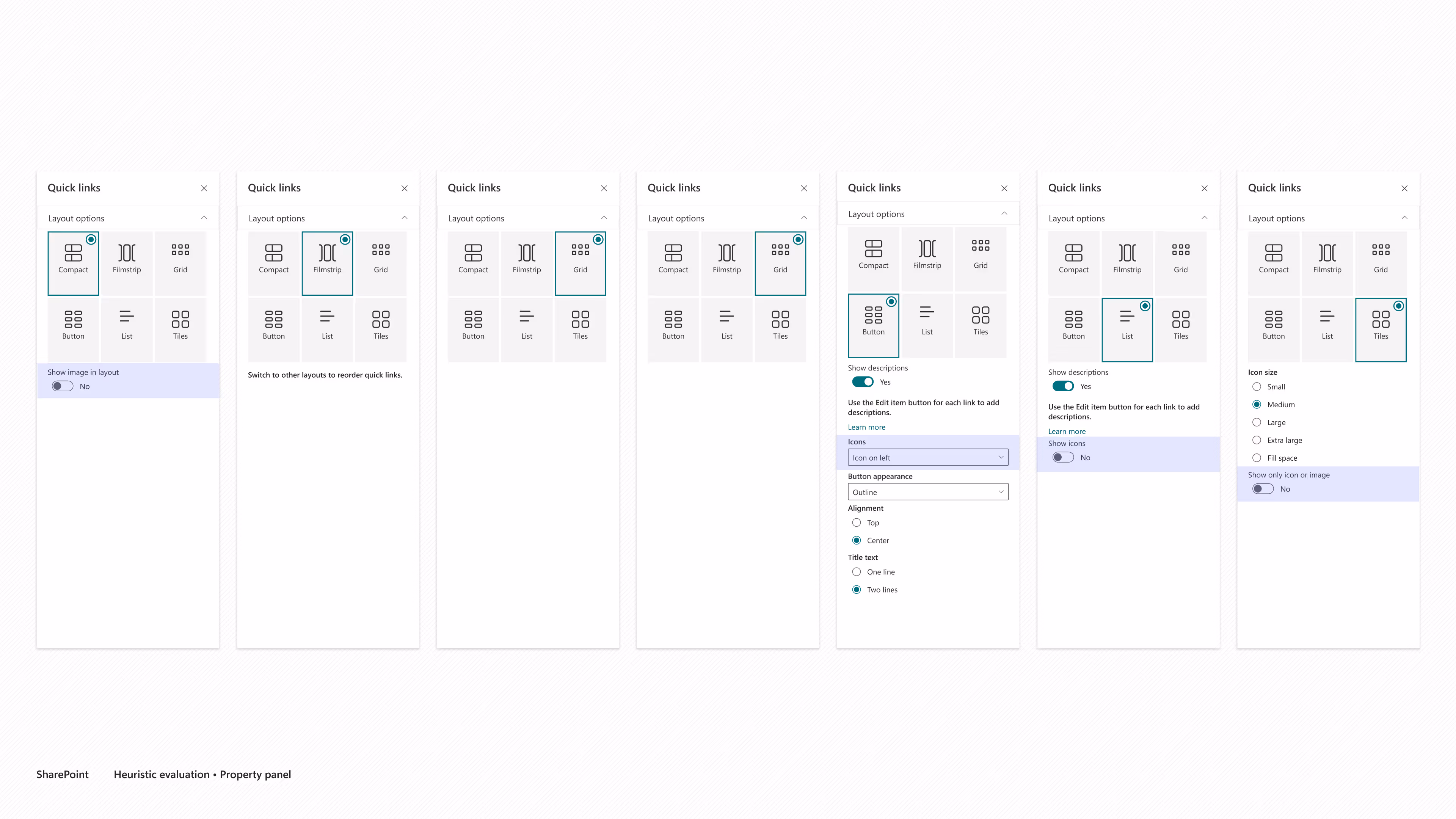 SharePoint Quick links configuration showing layout options and settings for icons, alignment, and text display.