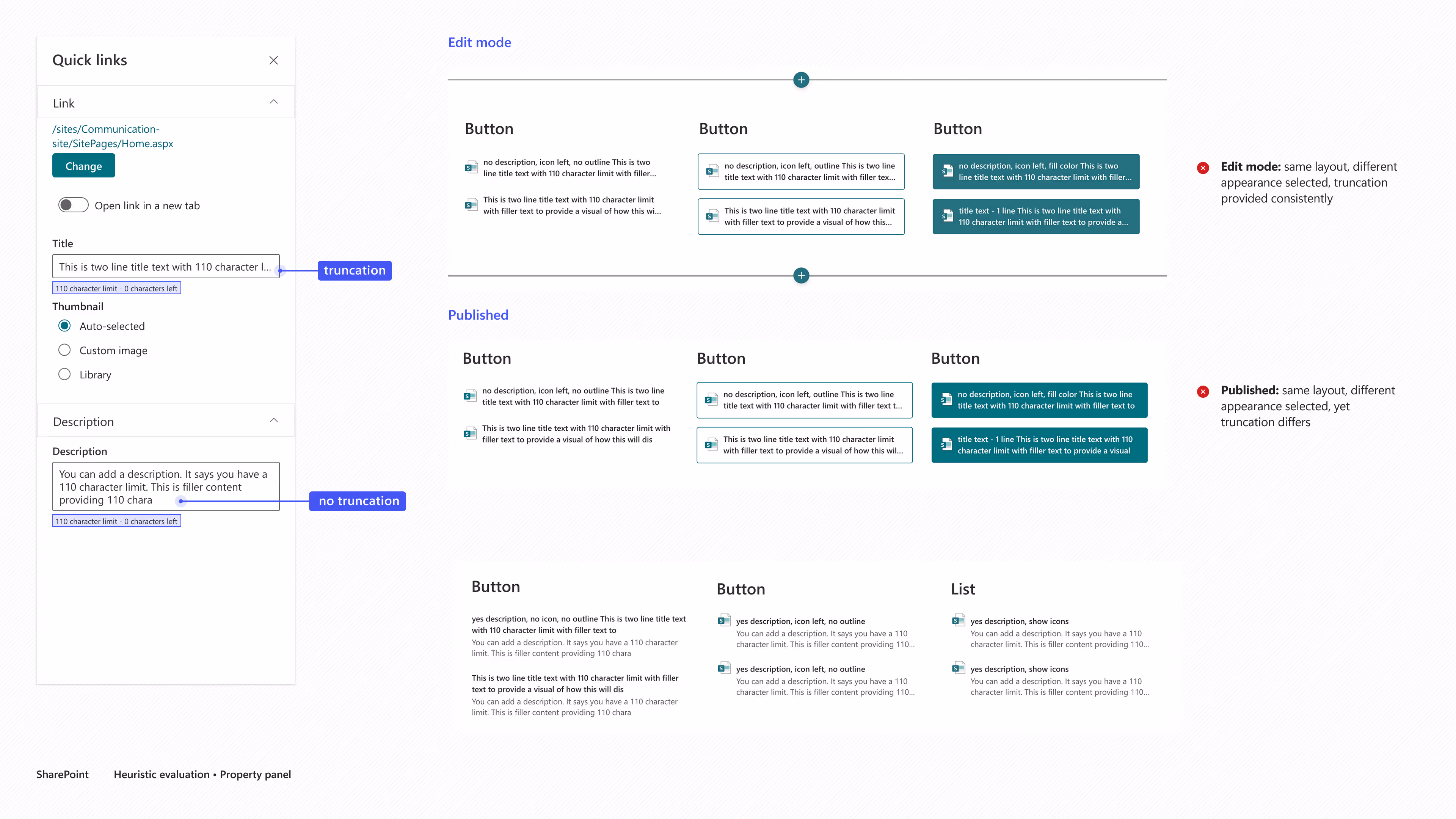 SharePoint Quick links panel showing text truncation differences between Edit and Published modes.