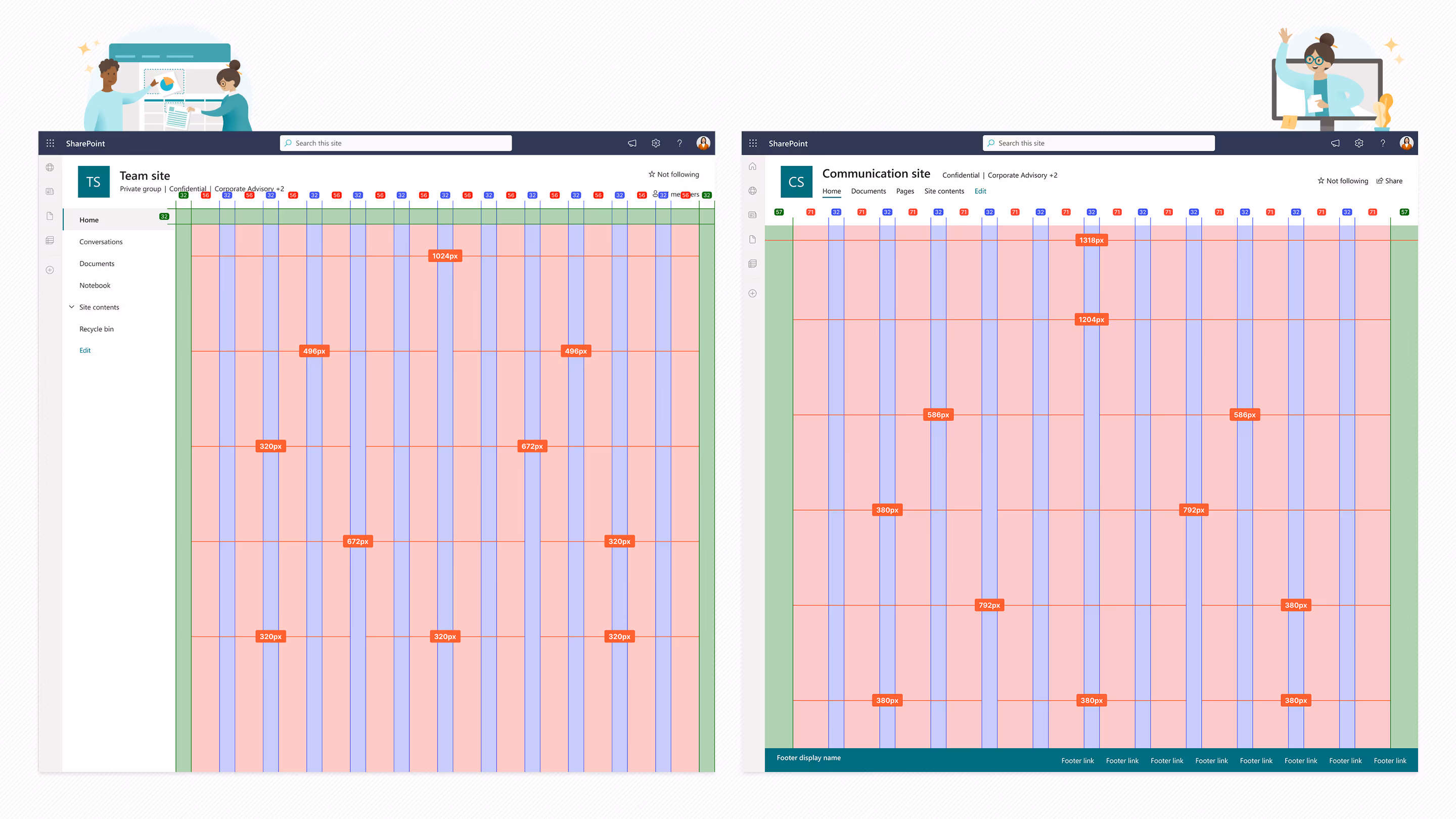 A SharePoint Communication and Team site side by side with specs showing the differences in their site grid.