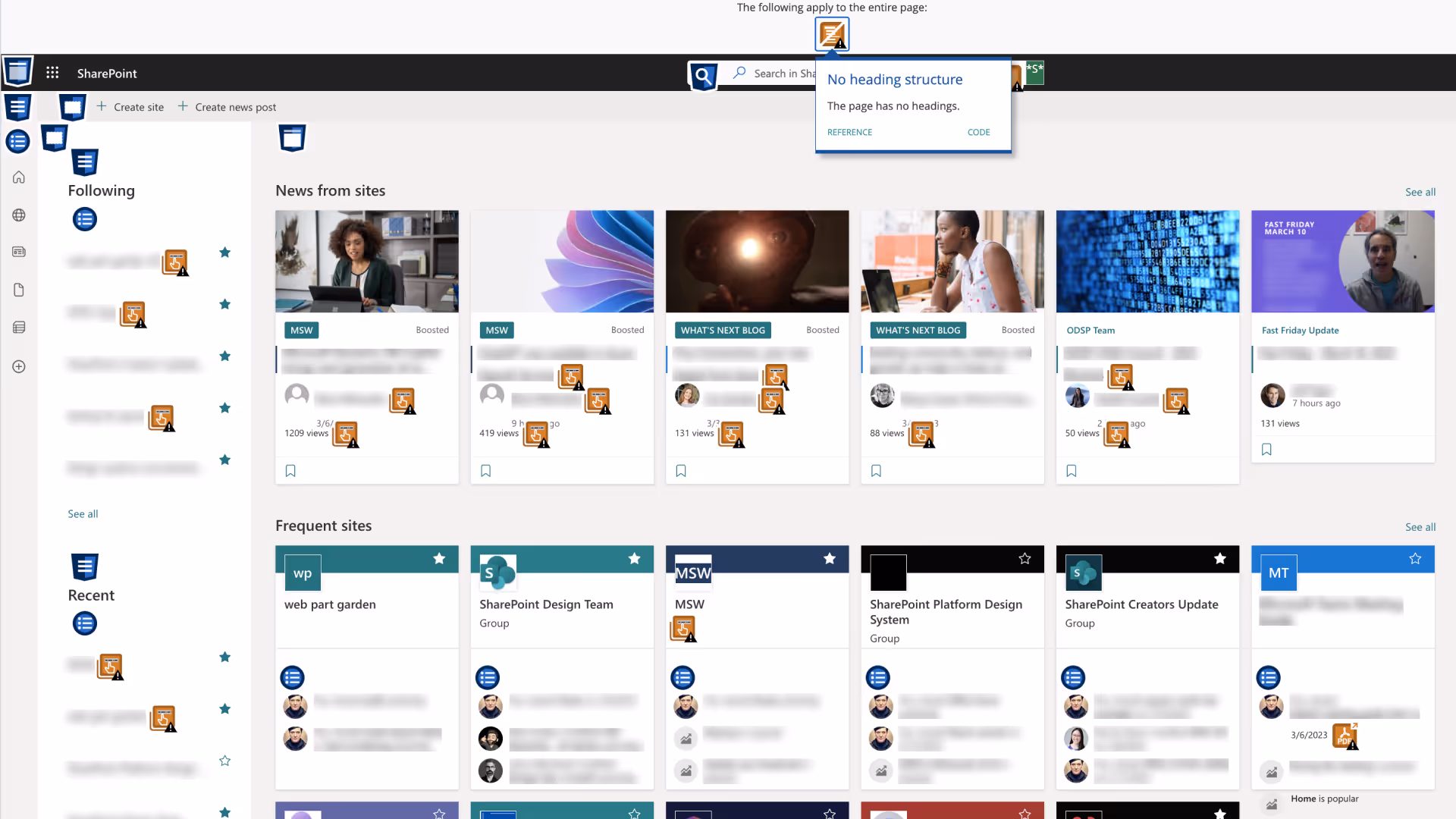 SharePoint home page showing recent documents with thumbnail previews, frequent sites organized in a grid layout with accessibility markers