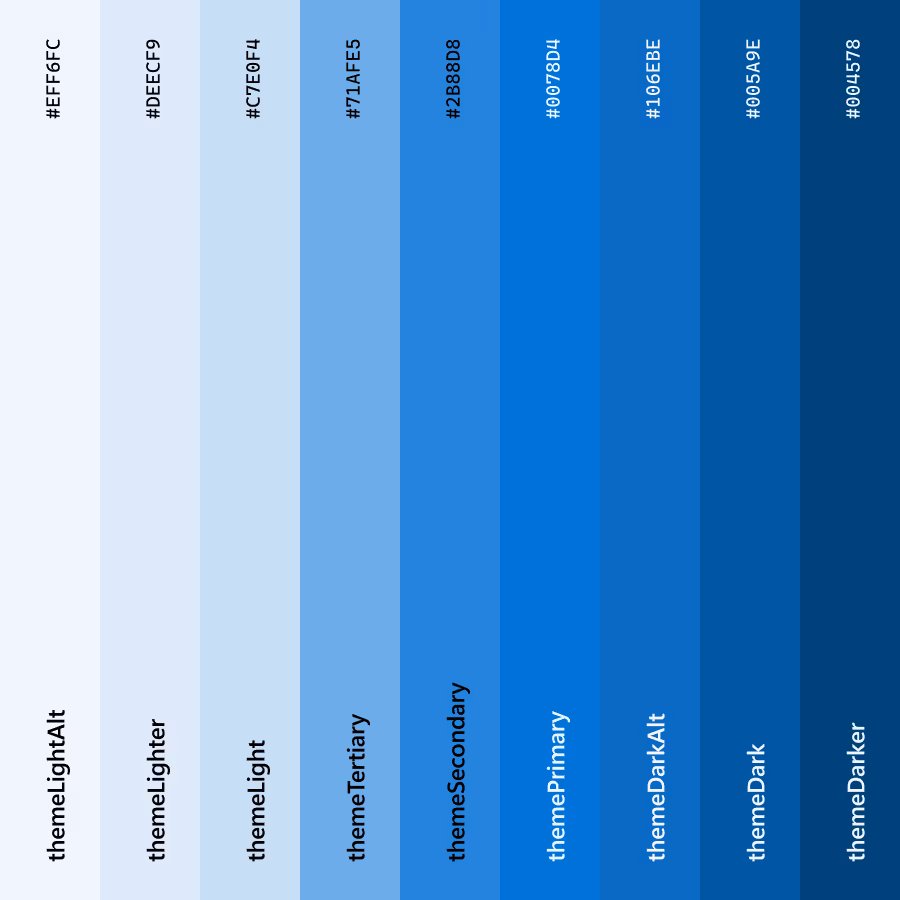 Color palette bars in shades of blue labeled from lightest to darkest: themeLightAlt #EFF6FC, themeLightEr #DEECF9, themeLight #C7E0F4, themeTertiary #71AFE5, themeSecondary #2B88D8, themePrimary #0078D4, themeDarkAlt #106EBE, themeDark #005A9E, themeDarker #004578.