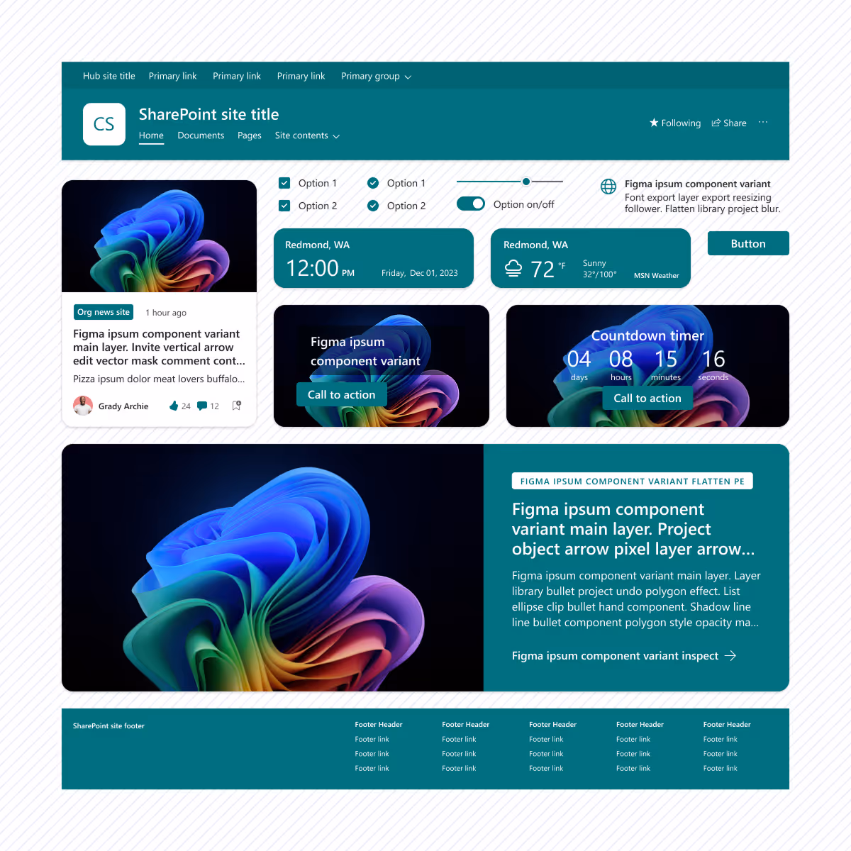SharePoint site interface with navigation bar, checkboxes, toggles, weather and time widgets, call-to-action cards featuring colorful abstract patterns, countdown timer, news snippet, and footer links.