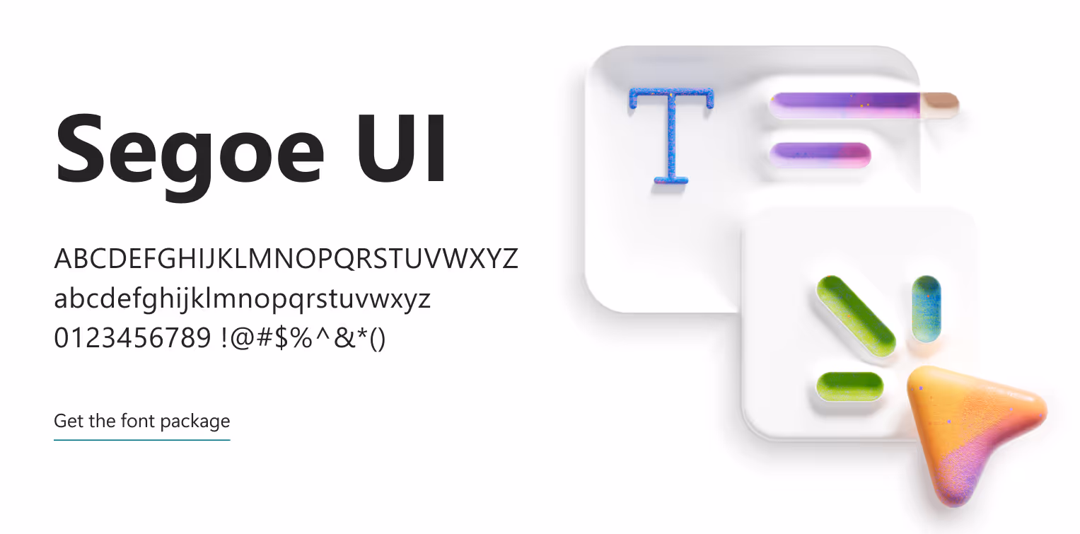 Segoe UI font sample showing uppercase, lowercase letters, numbers, and symbols with a button to get the font package.