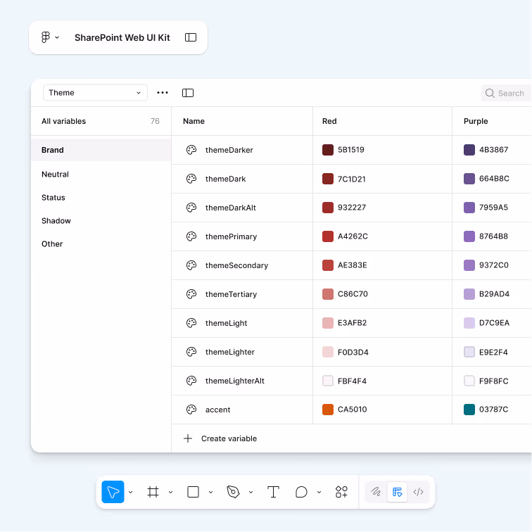 Interface of SharePoint Web UI Kit showing a theme variables panel with brand color names, hexadecimal red and purple color codes, and an option to create a variable.