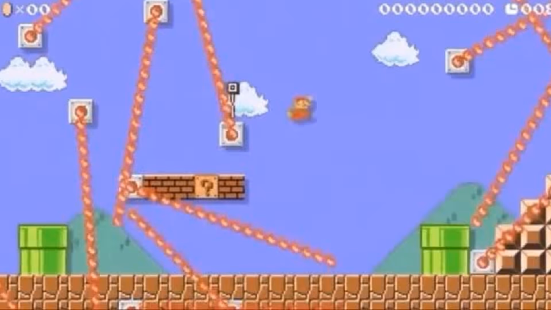 Screenshot from a Super Mario game featuring Mario jumping among multiple swinging fire chains in a brick and pipe level.