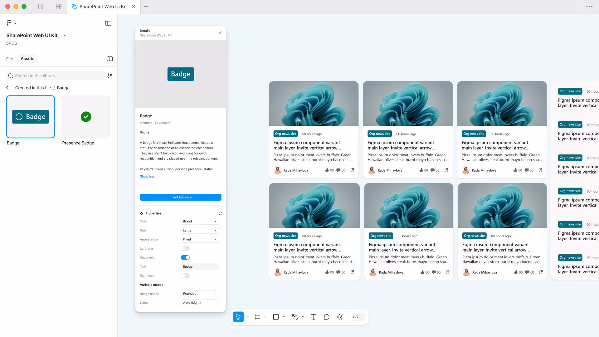 Screenshot of SharePoint Web UI Kit interface showing badge component details and multiple content cards with teal abstract images and text snippets.