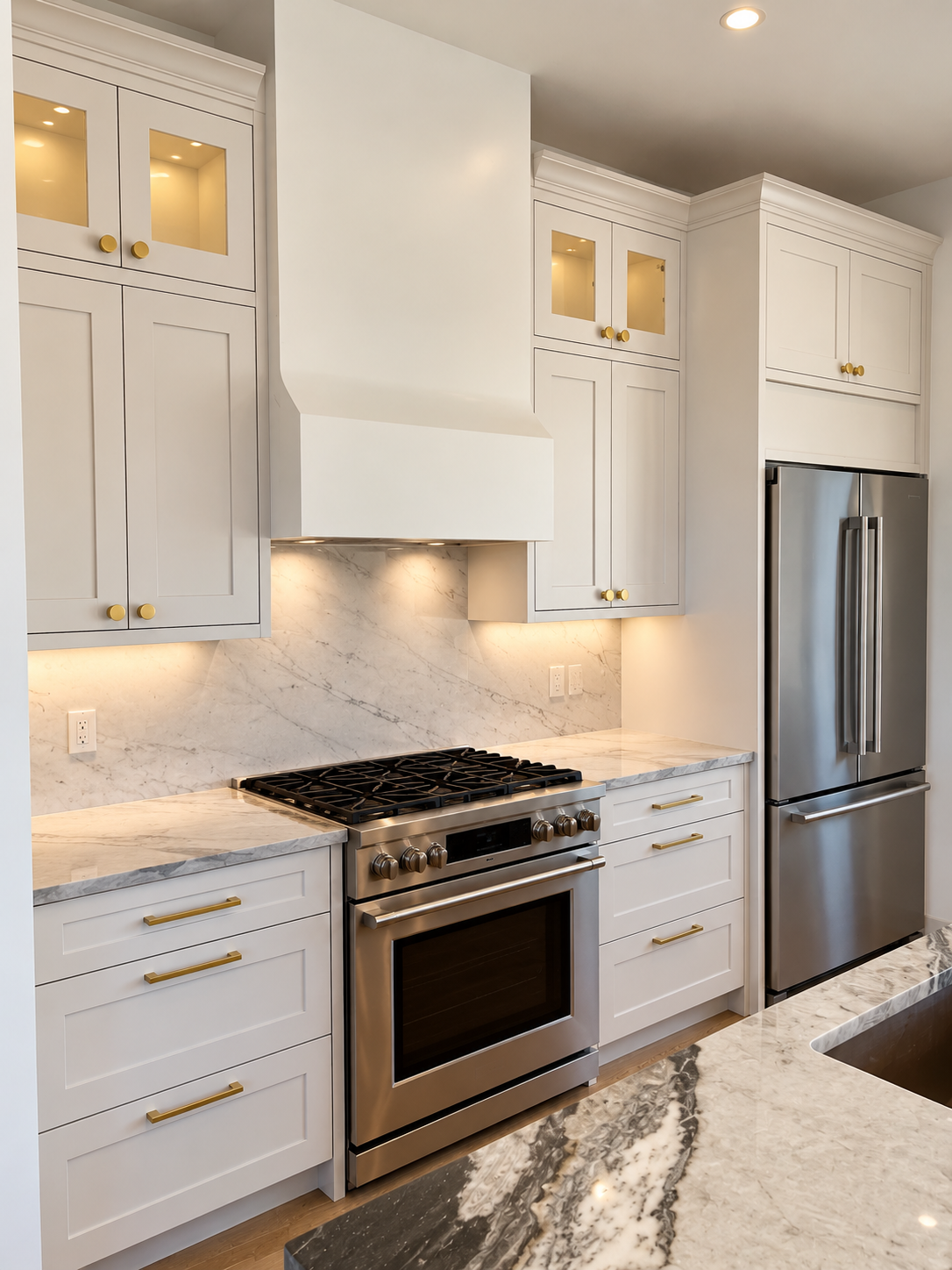 White custom kitchen cabinets with built-in oven and refrigerator in Asheville NC